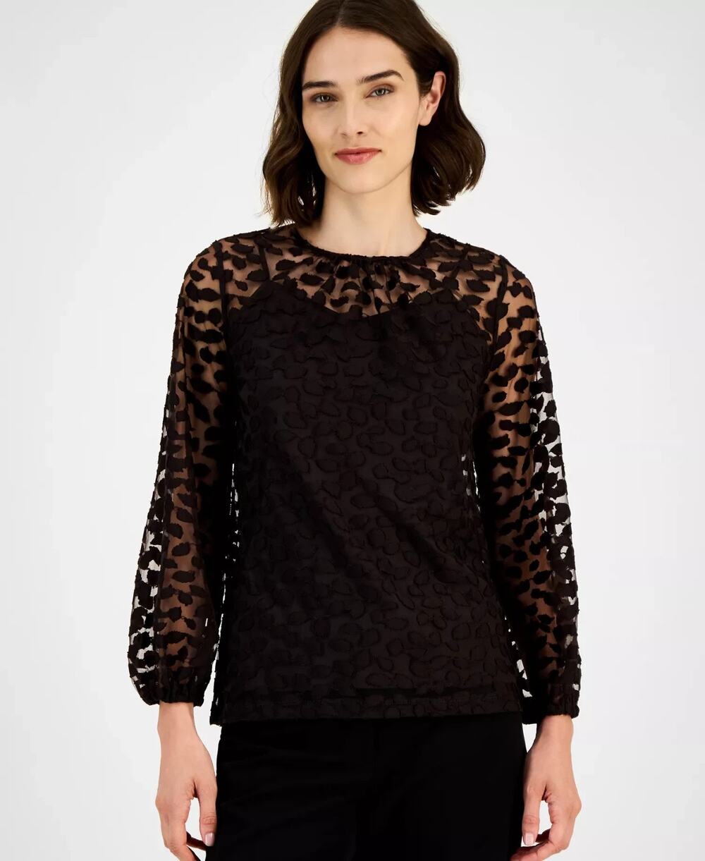 Anne Klein Burnout Blouse Womens XS Deep Mahogany Long Sleeve Sheer Leaf NWT